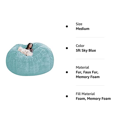 WXFXBKJ Bean Bag Chair Cover(it was only a Cover,not a Full Bean Bag) Chair Cushion Giant Fur Bean Bag Cover Living Room Furniture Big Round Soft Fluffy Faux Fur BeanBag Sofa Bed (5FT Sky Blue)