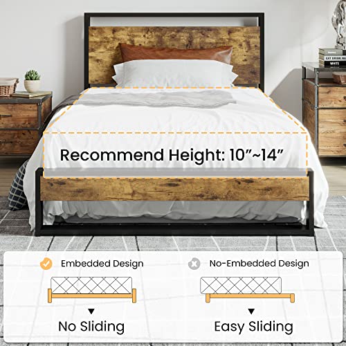 SHA CERLIN Twin Bed Frame with Wooden Headboard, Heavy Duty Metal Platform Bed, Single Platform Bed for Kids, No Box Spring Needed, Easy Assembly, Rustic Brown