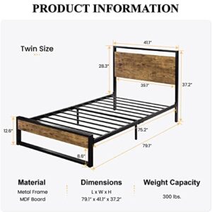 SHA CERLIN Twin Bed Frame with Wooden Headboard, Heavy Duty Metal Platform Bed, Single Platform Bed for Kids, No Box Spring Needed, Easy Assembly, Rustic Brown