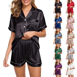 awaswae womens plus size silk satin pajamas set short sleeve loungewear 2 piece sleepwear button down comfy nightwear pj set black