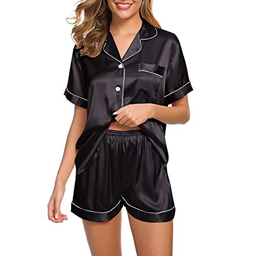 awaswae Womens Plus Size Silk Satin Pajamas Set Short Sleeve Loungewear 2 Piece Sleepwear Button Down Comfy Nightwear Pj Set Black