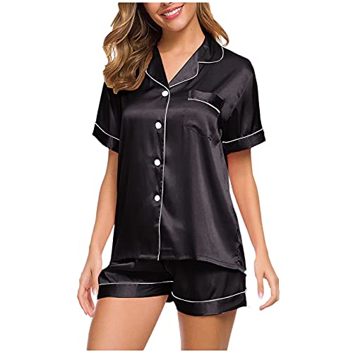 awaswae Womens Plus Size Silk Satin Pajamas Set Short Sleeve Loungewear 2 Piece Sleepwear Button Down Comfy Nightwear Pj Set Black