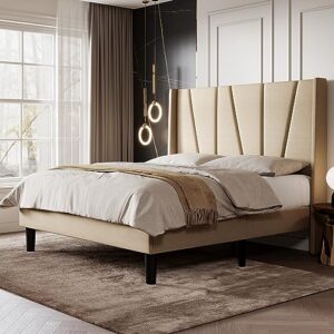 sha cerlin queen bed frame, upholstered platform bed with geometric headboard and wingback, wood slat support, no box spring needed, beige