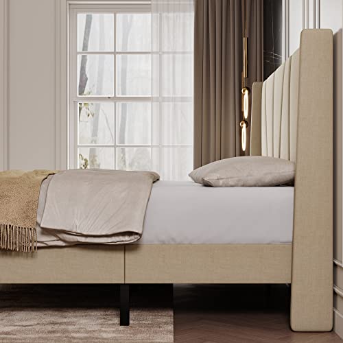 SHA CERLIN Queen Bed Frame, Upholstered Platform Bed with Geometric Headboard and Wingback, Wood Slat Support, No Box Spring Needed, Beige