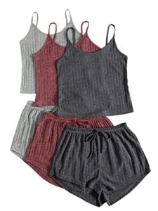 shein women's 3 sets rib knit lounge set crop cami top and tie front shorts sleepwear pajama set solid multicolor small