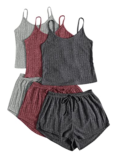 SheIn Women's 3 Sets Rib Knit Lounge Set Crop Cami Top and Tie Front Shorts Sleepwear Pajama Set Solid Multicolor Small