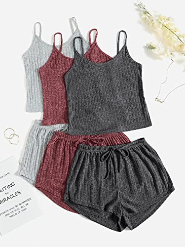 SheIn Women's 3 Sets Rib Knit Lounge Set Crop Cami Top and Tie Front Shorts Sleepwear Pajama Set Solid Multicolor Small