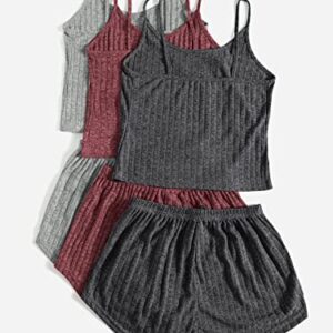 SheIn Women's 3 Sets Rib Knit Lounge Set Crop Cami Top and Tie Front Shorts Sleepwear Pajama Set Solid Multicolor Small