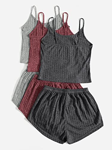 SheIn Women's 3 Sets Rib Knit Lounge Set Crop Cami Top and Tie Front Shorts Sleepwear Pajama Set Solid Multicolor Small