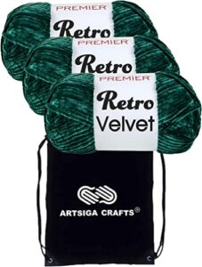 premier yarns retro velvet emerald 1088-12 (3-skein) same dyelot chunky bulky #5 soft knitting yarn 100% polyester bundle with 1 artsiga craft bag