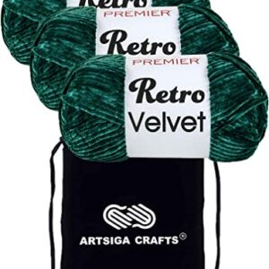 Premier Yarns Retro Velvet Emerald 1088-12 (3-Skein) Same Dyelot Chunky Bulky #5 Soft Knitting Yarn 100% Polyester Bundle with 1 Artsiga Craft Bag