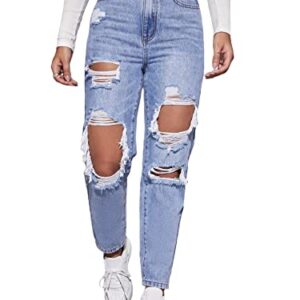 Floerns Women's High Waist Straight Leg Ripped Jeans Distressed Denim Pants Light Blue M