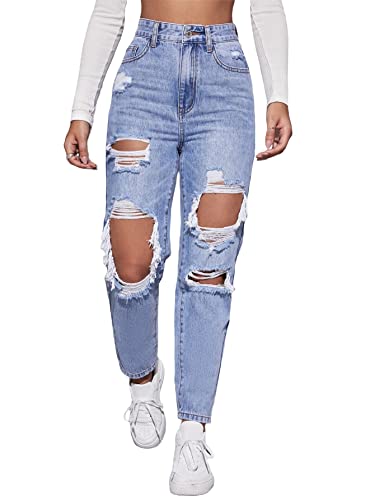 Floerns Women's High Waist Straight Leg Ripped Jeans Distressed Denim Pants Light Blue M