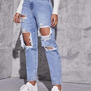 Floerns Women's High Waist Straight Leg Ripped Jeans Distressed Denim Pants Light Blue M