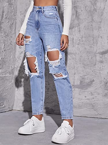 Floerns Women's High Waist Straight Leg Ripped Jeans Distressed Denim Pants Light Blue M