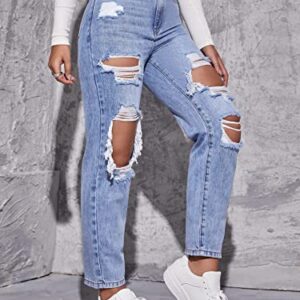 Floerns Women's High Waist Straight Leg Ripped Jeans Distressed Denim Pants Light Blue M