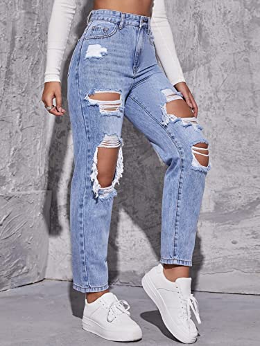 Floerns Women's High Waist Straight Leg Ripped Jeans Distressed Denim Pants Light Blue M