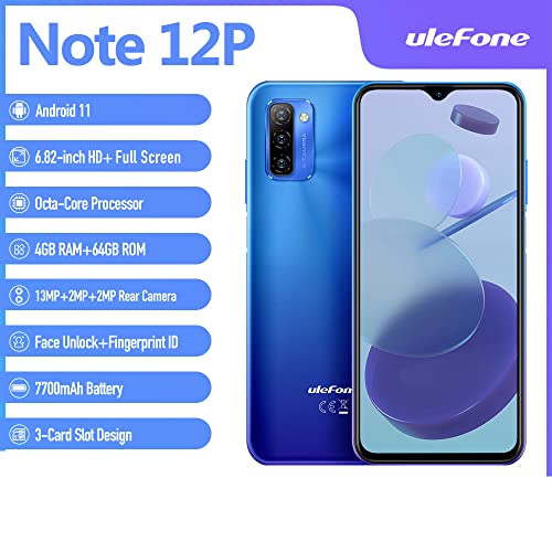 Ulefone Note 12P 7700mAh Battery Cell Phone New, Android 11 Octa-core 4GB + 64GB Android Smartphone, 6.82" HD+ Big Screen, 13MP Triple Rear Camera + 8MP Front Camera, Dual SIM 4G Unlocked Phone