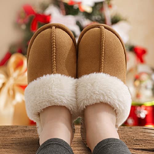 Litfun Women's Fuzzy Memory Foam Slippers Fluffy Winter House Shoes Indoor and Outdoor, Brown 9-10