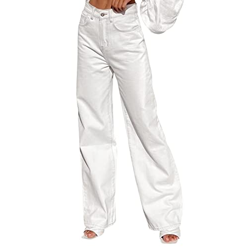 LONGBIDA Baggy Jeans for Women High Waisted Stretch Wide Leg Straight Denim Jeans(White,XL)