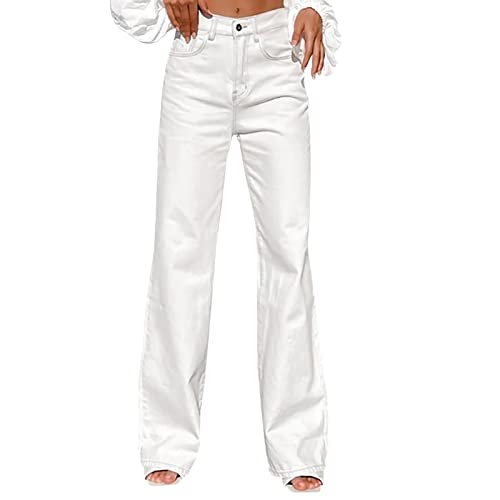 LONGBIDA Baggy Jeans for Women High Waisted Stretch Wide Leg Straight Denim Jeans(White,XL)