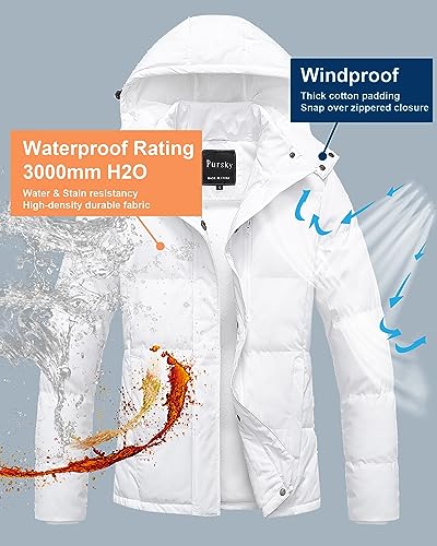 Pursky Women's Winter Coats Lightweight Long-Sleeve Full-Zip Water-Resistant Packable Hooded Puffer Jacket White 2XL