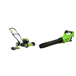 greenworks 40v 19" brushless cordless electric lawn mower, leaf blower (120 mph / 500 cfm), 4.0ah battery and charger