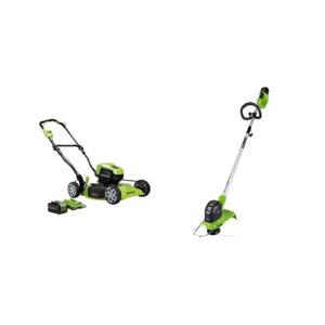 greenworks 40v 19" brushless cordless electric lawn mower, string trimmer, 4.0ah battery and charger