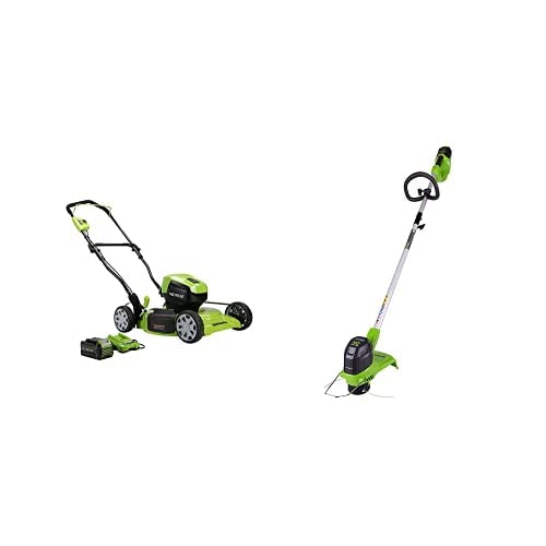 GreenWorks 40V 19" Brushless Cordless Electric Lawn Mower, String Trimmer, 4.0Ah Battery and Charger