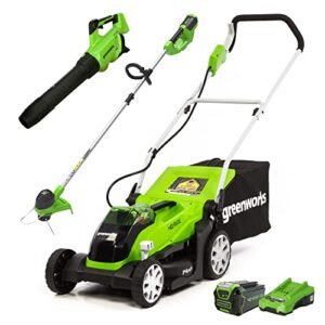 greenworks 40v 14" cordless electric lawn mower, leaf blower (120 mph / 500 cfm), string trimmer, 4.0ah battery and charger
