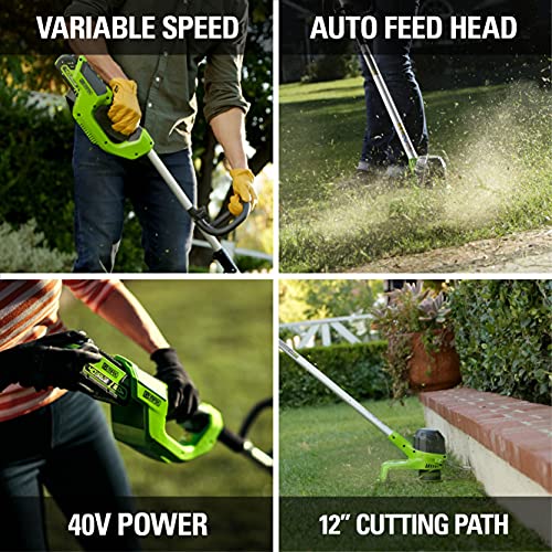 Greenworks 40V 14" Cordless Electric Lawn Mower, Leaf Blower (120 MPH / 500 CFM), String Trimmer, 4.0Ah Battery and Charger