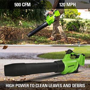Greenworks 40V 14" Cordless Electric Lawn Mower, Leaf Blower (120 MPH / 500 CFM), String Trimmer, 4.0Ah Battery and Charger