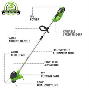 Greenworks 40V 14" Cordless Electric Lawn Mower, Leaf Blower (120 MPH / 500 CFM), String Trimmer, 4.0Ah Battery and Charger