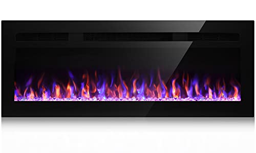 LITSDFM 50 Inch Electric Fireplace, Recessed and Wall Mounted Fireplace, Fireplace Heater and Linear Fireplace, with Timer, Remote Control, Adjustable Flame Color, 750/1500W, Black