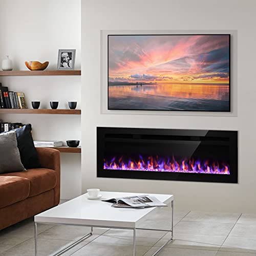 LITSDFM 50 Inch Electric Fireplace, Recessed and Wall Mounted Fireplace, Fireplace Heater and Linear Fireplace, with Timer, Remote Control, Adjustable Flame Color, 750/1500W, Black