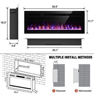 LITSDFM 50 Inch Electric Fireplace, Recessed and Wall Mounted Fireplace, Fireplace Heater and Linear Fireplace, with Timer, Remote Control, Adjustable Flame Color, 750/1500W, Black