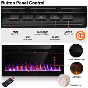 LITSDFM 50 Inch Electric Fireplace, Recessed and Wall Mounted Fireplace, Fireplace Heater and Linear Fireplace, with Timer, Remote Control, Adjustable Flame Color, 750/1500W, Black