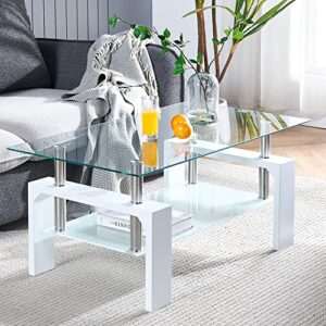 btrpily living room rectangle coffee table, tea table suitable for waiting room, modern side coffee table with wooden leg, glass tabletop with lower shelf, 39.5*23.5*17.5 inches , white