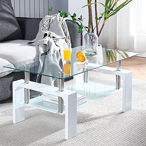 Btrpily Living Room Rectangle Coffee Table, Tea Table Suitable for Waiting Room, Modern Side Coffee Table with Wooden Leg, Glass Tabletop with Lower Shelf, 39.5*23.5*17.5 inches , White