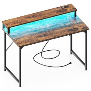 superjare 47 inch computer desk with led lights & power outlets, home office desk with monitor shelf, small desk for home & office, rustic brown