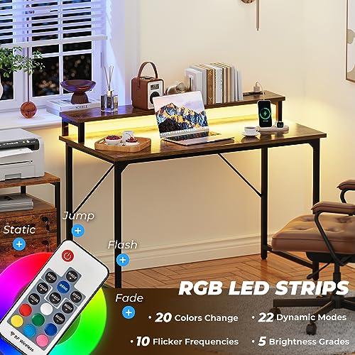 SUPERJARE 47 inch Computer Desk with LED Lights & Power Outlets, Home Office Desk with Monitor Shelf, Small Desk for Home & Office, Rustic Brown