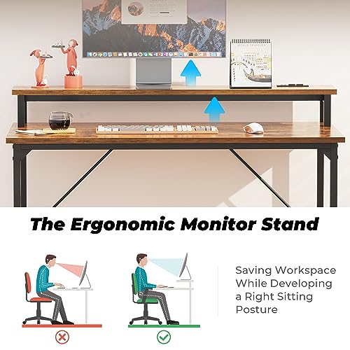 SUPERJARE 47 inch Computer Desk with LED Lights & Power Outlets, Home Office Desk with Monitor Shelf, Small Desk for Home & Office, Rustic Brown