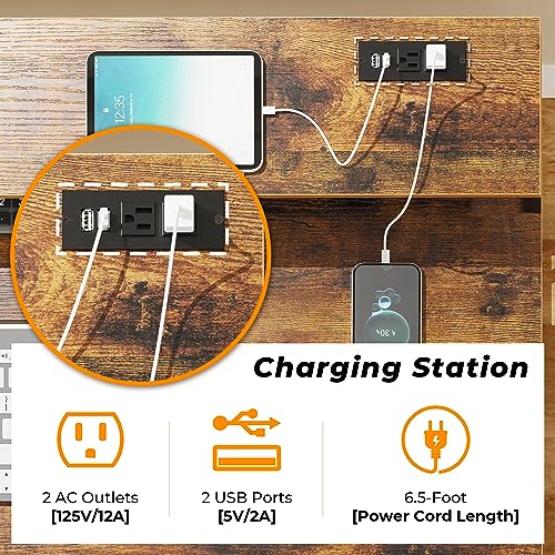 SUPERJARE 47 inch Computer Desk with LED Lights & Power Outlets, Home Office Desk with Monitor Shelf, Small Desk for Home & Office, Rustic Brown