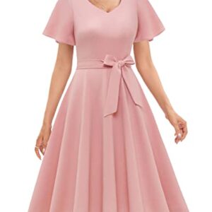 Gardenwed Cocktail Dresses for Women Wedding Guest,Fit and Flare Formal Dress with Sleeves for Homecoming Party Church Blush L