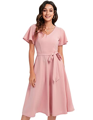 Gardenwed Cocktail Dresses for Women Wedding Guest,Fit and Flare Formal Dress with Sleeves for Homecoming Party Church Blush L