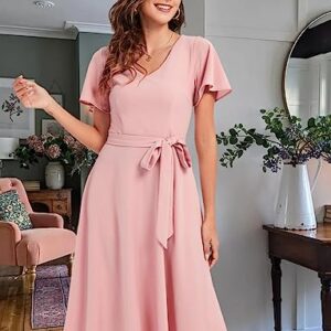 Gardenwed Cocktail Dresses for Women Wedding Guest,Fit and Flare Formal Dress with Sleeves for Homecoming Party Church Blush L