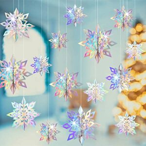 christmas hanging snowflakes decorations 15 pack 3d iridescent paper snowflakes rainbow snow flakes garland for winter wonderland holiday frozen christmas birthday party decorations supplies