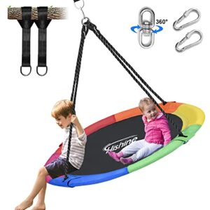 hishine 43" saucer tree swing for kids, 360° rotate waterproof flying saucer swing with swivel, hanging straps, adjustable ropes, round mat spinner swing for tree/swing set (rainbow)