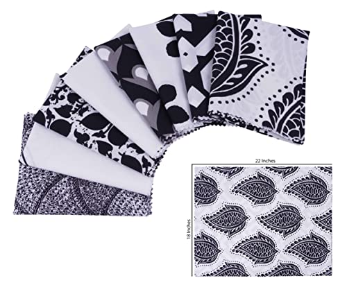 Soimoi 8 Pc Fat Quarter Bundle - Asian Block Print 18"x 22" DIY Patchwork- 100% Cotton Pre-Cut Quilting Fabric (White & Black)