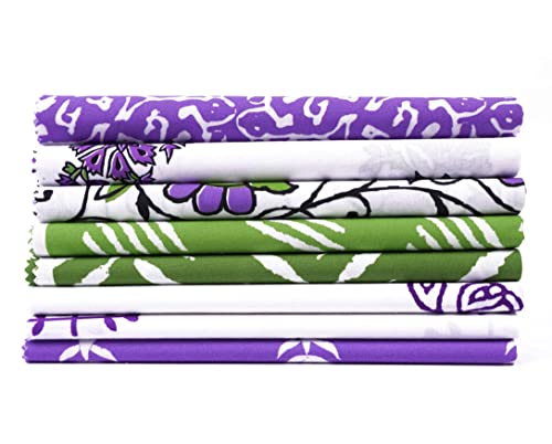 Soimoi 8 Pc Fat Quarter Bundle - Asian Block Print 18"x 22" DIY Patchwork- 100% Cotton Pre-Cut Quilting Fabric (Green & Purple)